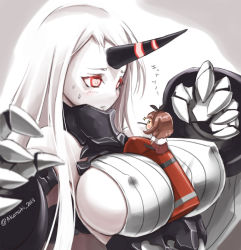 Rule 34 | 10s, 1girl, abyssal ship, akatsuki akane, bare shoulders, between breasts, blush, breasts, brown hair, claws, covered erect nipples, detached sleeves, fairy (kancolle), horns, kantai collection, large breasts, long hair, mini person, minigirl, pale skin, person between breasts, red eyes, school uniform, seaport princess, serafuku, sexually suggestive, short hair, sideboob, single horn, solo, type 3 shell, white hair