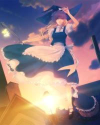 Rule 34 | 1girl, bad id, bad pixiv id, blonde hair, braid, broom, cloud, female focus, hat, holding, holding clothes, holding hat, kirisame marisa, lamp, lamppost, looking down, sky, solo, star (symbol), sunset, touhou, yellow eyes, yoshimune (b12f)