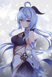 Rule 34 | 1girl, ahoge, bare shoulders, bell, black gloves, black leotard, black pantyhose, blue hair, breasts, cleavage, closed mouth, covered navel, cowbell, cowboy shot, detached collar, detached sleeves, floating hair, ganyu (genshin impact), genshin impact, gloves, goat horns, gold trim, grey background, highres, horns, hyurasan, leotard, long hair, long sleeves, looking at viewer, low ponytail, medium breasts, pantyhose, pelvic curtain, red eyes, snowflakes, solo, standing, very long hair