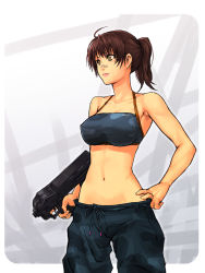 Rule 34 | 1girl, ahoge, armpits, bad id, bad pixiv id, bandaid, bandaid on face, bandaid on nose, breasts, brown hair, camouflage, gun, hand on own hip, hip focus, large breasts, looking away, midriff, navel, original, ponytail, short hair, solo, strapless, submachine gun, trigger discipline, tube top, weapon, yellow eyes, yuuji (and)