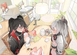 Rule 34 | 2boys, 4girls, alpha (punishing: gray raven), animal ears, apron, bambinata (punishing: gray raven), black apron, black bra, black dress, black footwear, black gloves, black hair, black jacket, bra, cake, cake slice, cat ears, chrome (punishing: gray raven), coffee cup, commentary, cup, disposable cup, dress, drooling, english commentary, eyewear around neck, fake animal ears, fake horns, food, gloves, gradient hair, grey hair, grey jacket, hair between eyes, highres, holding, holding cup, holding plate, holding spoon, horns, ice cream cup, jacket, light brown hair, long hair, lucia: crimson weave (punishing: gray raven), lucia: plume (punishing: gray raven), lucia (punishing: gray raven), mechanical arms, mouth drool, multicolored hair, multiple boys, multiple girls, open mouth, parted bangs, plate, ponytail, punishing: gray raven, red eyes, red hair, shirt, short hair, small horns, spoon, sports bra, twintails, two-tone hair, underwear, vera (punishing: gray raven), wanshi (punishing: gray raven), watanabe (punishing: gray raven), white hair, white jacket, white shirt, yongsadragon