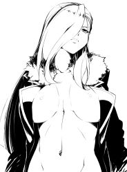 Rule 34 | 1girl, breasts, center opening, from below, fullmetal alchemist, greyscale, hair over one eye, hyouju issei, large breasts, lips, long hair, monochrome, navel, olivier mira armstrong, open clothes, simple background, solo, upper body, white background