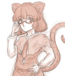 Rule 34 | 1girl, adjusting eyewear, animal ears, bespectacled, capelet, dress, gem, glasses, gloves, hand on own hip, highres, jewelry, kuro suto sukii, long sleeves, looking at viewer, mouse ears, mouse tail, nazrin, necklace, pendant, shirt, simple background, solo, tail, touhou, white background