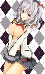Rule 34 | 10s, 1girl, argyle, argyle background, argyle clothes, bad id, bad nicoseiga id, beret, blue eyes, blush, breasts, epaulettes, flying sweatdrops, frilled sleeves, frills, grey skirt, hat, highres, jacket, kantai collection, kashima (kancolle), kerchief, large breasts, looking at viewer, military, military uniform, minari (minari37), nipples, no bra, open clothes, open jacket, open mouth, pleated skirt, sidelocks, silver hair, skirt, solo, twintails, uniform, v arms, wavy hair