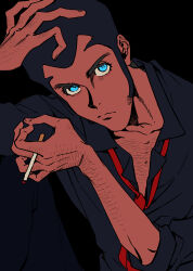Rule 34 | 1boy, absurdres, arm hair, arsene lupin iii, asymmetrical sleeves, bacchus lpiii, between fingers, black hair, black pants, black shirt, blue eyes, chest hair, cigarette, closed mouth, eyelashes, frown, hand hair, highres, holding, holding cigarette, knuckle hair, long sideburns, long sleeves, looking at viewer, lupin iii, male focus, mature male, pants, shirt, short hair, sideburns