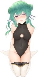 Rule 34 | 1girl, absurdres, arms behind back, bare shoulders, black leotard, blush, breasts, breasts apart, cleavage, clothing cutout, covered collarbone, covered navel, double bun, finana ryugu, fins, fish girl, from above, full body, green hair, hair between eyes, hair bun, head fins, highleg, highleg leotard, highres, honon, lazulight, leotard, long hair, looking at viewer, monster girl, nijisanji, nijisanji en, open mouth, purple eyes, saliva, seiza, sitting, skin tight, small breasts, solo, thighhighs, turtleneck, virtual youtuber, white thighhighs