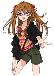 Rule 34 | 1girl, :d, bag, bare shoulders, bespectacled, blue eyes, brown hair, casual, contrapposto, cowboy shot, cropped legs, flat chest, foreshortening, glasses, hair between eyes, hair ornament, hand on own thigh, handbag, happy, hood, hood down, hoodie, legs apart, long sleeves, looking at viewer, neon genesis evangelion, off shoulder, open clothes, open hoodie, open mouth, orange hair, outstretched arm, ppera, red-framed eyewear, shorts, simple background, skinny, smile, solo, souryuu asuka langley, standing, striped, tank top, v, white background
