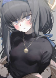 Rule 34 | 1girl, black sweater, blue archive, blue eyes, blue hairband, blue ribbon, blush, breasts, closed mouth, grey background, hair between eyes, hair ribbon, hairband, halo, jewelry, long hair, looking at viewer, maru (gomimaru), necklace, ribbon, simple background, small breasts, solo, sweat, sweater, ui (blue archive), upper body, very long hair, wavy mouth