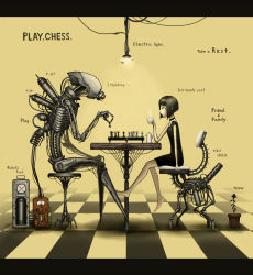 Rule 34 | 1girl, barefoot, black hair, board game, bug, chair, chess, choker, cup, dress, english text, engrish text, flower, flower pot, gia, highres, insect, light, moth, plant, potted plant, ranguage, robot, rose, short hair, sitting, smile, table, tea, teapot