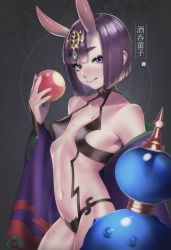 Rule 34 | 1girl, :q, absurdres, bare shoulders, blush, bob cut, breasts, character name, commentary request, cowboy shot, eyeliner, fate/grand order, fate (series), fingernails, food, food bite, fruit, gourd, headpiece, highres, holding, holding food, holding fruit, horns, japanese clothes, jewelry, kimono, licking lips, long fingernails, looking at viewer, makeup, nanja, navel, oni, open clothes, open kimono, peach, purple eyes, purple hair, purple kimono, revealing clothes, saliva, short eyebrows, short hair, shuten douji (fate), skin-covered horns, small breasts, smile, solo, tongue, tongue out, wide sleeves
