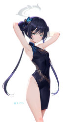 Rule 34 | 1girl, armpits, arms up, blue archive, blue hair, blush, breasts, butterfly hair ornament, china dress, chinese clothes, covered navel, dark blue hair, double bun, dress, feet out of frame, groin, hair bun, hair ornament, highres, jitome, kisaki (blue archive), long hair, looking at viewer, rity, simple background, skin tight, sleeveless, sleeveless dress, small breasts, solo, twintails, twitter username, very long hair, white background