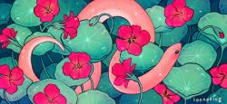 Rule 34 | absurdres, animal, animal focus, artist name, blush, bud, commentary, english commentary, flower, highres, lianne pflug, nasturtium, nature, no humans, original, outdoors, plant, red flower, scales, snake