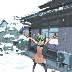 Rule 34 | 1girl, architecture, bad id, bad pixiv id, dress, east asian architecture, green hair, hatsune miku, mittens, outstretched arms, pantyhose, rias-coast, scarf, smile, snow, snowing, solo, spread arms, vocaloid, yuki miku