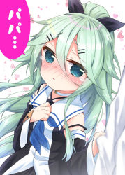 Rule 34 | 10s, 1boy, 1girl, admiral (kancolle), bad proportions, blue eyes, blurry, blush, child, choker, clothes grab, commentary request, depth of field, detached sleeves, green hair, hair between eyes, hair ornament, hair ribbon, hairclip, hand on own chest, heart, heart background, k hiro, kantai collection, long hair, military, military uniform, naval uniform, out of frame, ponytail, poorly drawn, pov, ribbon, school uniform, serafuku, sleeve grab, tears, translated, uniform, yamakaze (kancolle)