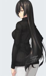 Rule 34 | 10s, 1girl, alternate costume, arm at side, black sweater, casual, cowboy shot, dated, from behind, hair between eyes, hand on own hip, kantai collection, long hair, long sleeves, looking at viewer, nagato (kancolle), pants, parted lips, red eyes, ribbed sweater, rokuwata tomoe, signature, simple background, solo, sweater, tsurime, turtleneck, turtleneck sweater, white pants