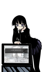 Rule 34 | 1girl, akahito, bad id, bad pixiv id, bent over, black hair, blunt bangs, demon&#039;s souls, female protagonist (houkago play), from software, greyscale, head rest, hime cut, houkago play, leaning, leaning forward, long hair, monochrome, necktie, pantyhose, school uniform, skirt, slayer of demons, solo, television, translated, very long hair