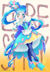 Rule 34 | 1girl, apron, artist name, blue eyes, blue hair, blue pantyhose, brooch, character name, cure spicy, delicious party precure, dress, earrings, elbow gloves, full body, fuwa kokone, gloves, gradient background, heart, heart brooch, highres, huge bow, jewelry, kasuga rurito, long hair, magical girl, pantyhose, precure, short sleeves, signature, smile, solo, very long hair, white gloves, yellow background