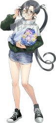 Rule 34 | 1girl, alternate costume, amagiri (kancolle), drew (drew213g), flower, full body, glasses, grey eyes, grey hair, hair between eyes, jacket, kantai collection, long hair, looking at viewer, open mouth, ponytail, shorts, smile, solo, transparent background, very long hair