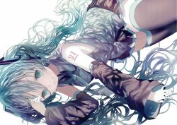 Rule 34 | 1girl, aqua eyes, aqua hair, aqua necktie, bad id, bad pixiv id, black skirt, c:, closed mouth, detached sleeves, hair between eyes, hand up, hatsune miku, highres, long hair, looking at viewer, lying, necktie, on side, opopowa, shirt, shoulder tattoo, simple background, skirt, sleeveless, sleeveless shirt, smile, solo, tattoo, thighhighs, thighs, very long hair, vocaloid, wavy hair, white background