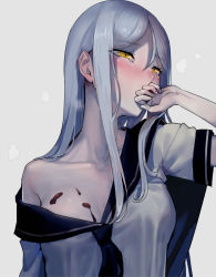 Rule 34 | 10s, 1girl, abyssal ship, blouse, blush, breasts, chocolate, chocolate on body, chocolate on breasts, collarbone, eyes visible through hair, fingernails, food on body, grey background, hand to own mouth, highres, kantai collection, long hair, looking at viewer, medium breasts, neckerchief, nose blush, off shoulder, open clothes, open shirt, pale skin, sailor collar, sailor shirt, school uniform, shiny skin, shirt, short sleeves, sidelocks, silver hair, simple background, solo, ta-class battleship, tearing up, walzrj, yellow eyes