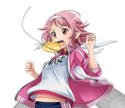 Rule 34 | 1girl, gym uniform, headband, lisbeth (sao-alo), open mouth, pink hair, pink sweater, red eyes, shirt, short hair, solo, standing, sweater, sword art online, transparent background, upper body, white shirt