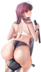 Rule 34 | 1girl, ahoge, ass, back, bike shorts, blush, breasts, commentary request, damda, dimples of venus, exercising, fate/grand order, fate (series), feet out of frame, from behind, hair intakes, highres, huge breasts, long hair, looking at viewer, looking back, open mouth, pants, purple hair, red eyes, scathach (fate), shiny skin, sideways glance, simple background, smartwatch, solo, sports bra, sportswear, sweat, watch, white background, white sports bra, wristwatch