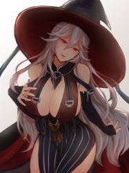 Rule 34 | 10s, 1girl, arm at side, bare shoulders, black dress, breasts, bridal gauntlets, cleavage, cowboy shot, detached sleeves, dress, granblue fantasy, hair between eyes, hat, head tilt, large breasts, leaning forward, lips, long hair, looking at viewer, magisa (granblue fantasy), moshoko (mizuneroku), red eyes, side slit, sideboob, silver hair, solo, striped, vertical stripes, very long hair, witch hat