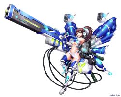 Rule 34 | 1girl, artist name, bare shoulders, blue gloves, blue thighhighs, breasts, brown hair, cable, closed mouth, crotch plate, elbow gloves, gatling gun, gloves, hair between eyes, headgear, hip vent, huge weapon, long hair, mecha musume, mechanical wings, medium breasts, midriff, miniskirt, navel, original, ponytail, red eyes, science fiction, simple background, skirt, solo, thighhighs, underboob, weapon, white background, white skirt, wings, yokoi aya
