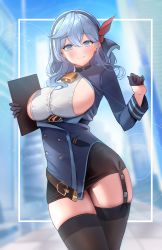 Rule 34 | 1girl, absurdres, ako (blue archive), bell, black gloves, black thighhighs, blue archive, blue eyes, blue hair, blue jacket, blush, breasts, clipboard, garter straps, gloves, hairband, half gloves, highres, jacket, large breasts, long hair, long sleeves, looking at viewer, navel, neck bell, po ppe, sideboob, smile, solo, thighhighs, thighs