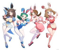 Rule 34 | 4girls, absurdres, alternate costume, animal ear headwear, animal ears, apron, ass, azumarill, azumarill (cosplay), bare shoulders, blue gloves, blue leotard, breasts, brown eyes, brown hair, choker, cleavage, collarbone, commentary request, contrapposto, cosplay, covered collarbone, covered navel, cowboy shot, creatures (company), cropped legs, egg, fake animal ears, fake tail, frills, full body, game freak, gen 1 pokemon, gen 2 pokemon, gen 3 pokemon, gloves, gonzarez, green eyes, green hair, grey eyes, hairband, highres, holding, holding egg, horns, kris (pokemon), large breasts, leaf (pokemon), leotard, long hair, long sleeves, looking at viewer, low neckline, lyra (pokemon), maid, may (pokemon), medium breasts, multiple girls, nidoqueen, nidoqueen (cosplay), nintendo, open mouth, outstretched arms, pantyhose, playboy bunny, pokemon, pokemon egg, pokemon frlg, pokemon gsc, pokemon hgss, pokemon rse, puffy short sleeves, puffy sleeves, short sleeves, simple background, single horn, spiked hairband, spikes, spinda, spinda (cosplay), strapless, strapless leotard, tail, thigh gap, waist apron, white background, white leotard, white pantyhose, wide hips, wigglytuff, wigglytuff (cosplay), wristband