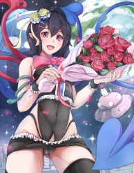 Rule 34 | 1girl, alternate costume, asymmetrical wings, bad id, bad pixiv id, black hair, black panties, black skirt, black thighhighs, blush, bouquet, bow, cameltoe, cat, city, covered navel, cowboy shot, crop top, double v, earth (planet), flower, frilled cuffs, frilled shirt, frilled skirt, frills, hair flower, hair ornament, highleg, highleg panties, hip focus, houjuu nue, leotard, light trail, miniskirt, navel, open mouth, panties, petals, planet, poini (king-scarlet-dead), pointy ears, polearm, purple eyes, rose, rose petals, shirt, short hair, skindentation, skirt, smile, snake, solo, space, star (symbol), thighhighs, thighs, tongue, touhou, trident, ufo, underwear, v, weapon, wings, wrist cuffs