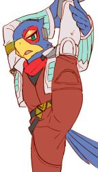 Rule 34 | 1boy, beak, bell sleeves, belt, bird boy, bird tail, blue feathers, bodysuit, boots, commentary request, cowboy shot, cropped jacket, eyeshadow, falco lombardi, feathers, green eyes, grey footwear, grey jacket, half-closed eyes, jacket, knee boots, leg hold, leg up, long sleeves, looking at viewer, looking down, makeup, male focus, nintendo, open clothes, open mouth, pilot suit, red bodysuit, red eyeshadow, red scarf, scarf, scouter, solo, split, standing, standing on one leg, standing split, star fox, tail, teba motoko