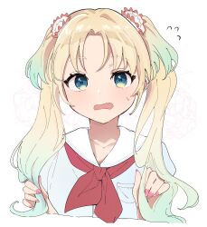 Rule 34 | 1girl, absurdres, blonde hair, blue eyes, blue shirt, blush, bow, breast pocket, commentary, cropped torso, dot nose, fang, flying sweatdrops, forehead, gradient hair, green hair, hair ornament, hair scrunchie, highres, link! like! love live!, long bangs, long hair, looking at viewer, love live!, multicolored hair, nail polish, neckerchief, ooho0216, open mouth, osawa rurino, parted bangs, pink nails, pocket, raised eyebrows, red bow, red neckerchief, sailor collar, school uniform, scrunchie, serafuku, shirt, sidelocks, simple background, skin fang, solo, straight-on, sweatdrop, two side up, upper body, white background, white sailor collar