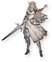 Rule 34 | 1girl, armor, armored boots, armored dress, belt, blonde hair, blue eyes, boots, breasts, full body, gloves, hair ornament, high heel boots, high heels, holding, holding sword, holding weapon, long hair, maria (valkyrie elysium), official art, simple background, solo, sword, third-party source, valkyrie elysium, valkyrie profile (series), weapon, white gloves
