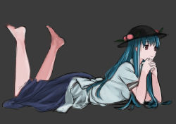Rule 34 | 1girl, bare legs, barefoot, blue hair, blue skirt, breasts, commentary request, feet, food, fruit, full body, grey background, hat, highres, hinanawi tenshi, long hair, lying, medium breasts, namauni, on stomach, own hands clasped, own hands together, peach, peach hat ornament, red eyes, shirt, short sleeves, simple background, skirt, smile, solo, the pose, touhou, white shirt