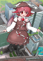 Rule 34 | building, child, city, destruction, earrings, fang, from above, giant, giantess, hat, highres, jewelry, mystia lorelei, red hair, road, smile, street, touhou, train, vostok (vostok061), wings