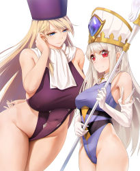 Rule 34 | 2girls, adapted costume, bare shoulders, blonde hair, blush, breasts, cosplay, costume switch, covered erect nipples, covered navel, cross, elbow gloves, eris (shadowverse), fate (series), gloves, tucking hair, hat, highleg, highleg leotard, highres, huge breasts, illyasviel von einzbern, leotard, long hair, looking at another, looking at viewer, mitre, multiple girls, obaoba (monkeyix), red eyes, scarf, shadowverse, simple background, smile, staff, very long hair, white background, white gloves, white hair, white scarf