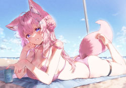 Rule 34 | 1girl, absurdres, animal ears, barefoot, beach, bikini, blue sky, blush, breasts, cleavage, cloud, commentary request, elbow rest, eshineko, feet, grin, hair ornament, hairclip, hakui koyori, highres, hololive, large breasts, legs, long hair, looking at viewer, lotion, lying, ocean, on stomach, outdoors, parted lips, pink bikini, pink hair, pink tail, sand, sky, smile, solo, sunscreen, swimsuit, tail, the pose, thighs, virtual youtuber, wavy hair, wolf ears, wolf tail