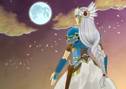 Rule 34 | 1girl, armor, armored dress, blue armor, braid, from behind, full moon, itoda (spica), lenneth valkyrie, long hair, low-braided long hair, low-tied long hair, moon, night, petals, silver hair, solo, valkyrie, valkyrie profile (series), very long hair