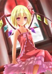 Rule 34 | 1girl, :o, alternate costume, bad id, bad pixiv id, blonde hair, deeshima, dress, dutch angle, fang, flandre scarlet, frills, full moon, hair ribbon, highres, indoors, looking at viewer, moon, red eyes, red moon, ribbon, short hair, sitting, solo, touhou, window, wings