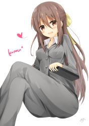 Rule 34 | 10s, 1girl, :d, bad id, bad pixiv id, blush, buttons, character name, collared shirt, commentary request, crossed legs, formal, from below, grey hair, hair between eyes, hair ribbon, heart, himouto! umaru-chan, kanau (himouto!), kanau kachou, long hair, long sleeves, looking at viewer, minari (minari37), open mouth, pant suit, pants, red eyes, ribbon, shirt, signature, simple background, smile, solo, suit, white background