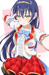 Rule 34 | 1girl, absurdres, blue hair, bow, bowtie, gloves, highres, itsuka (itsuka 000), long hair, love live!, love live! school idol project, short sleeves, smile, solo, sonoda umi, white gloves, yellow eyes