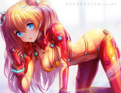 Rule 34 | 1girl, all fours, blonde hair, blue eyes, blush, bodysuit, breasts, commentary request, copyright name, covered navel, curvy, evangelion: 2.0 you can (not) advance, gibagiba, gloves, hair between eyes, hair ornament, hanging breasts, highres, long hair, looking at viewer, medium breasts, multicolored bodysuit, multicolored clothes, neon genesis evangelion, open mouth, plugsuit, rebuild of evangelion, red gloves, shiny skin, solo, souryuu asuka langley, test plugsuit, twintails