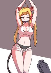 Rule 34 | 1girl, 1other, absurdres, ahoge, animal ear headphones, animal ears, armpits, arms up, axent wear, ball gag, bdsm, black panties, blonde hair, blue eyes, bondage, bound, breasts, cat ear headphones, cat ears, cat tail, cleavage, collarbone, commentary request, controller, fake animal ears, gag, gagged, headphones, highres, korean commentary, long hair, lowleg, lowleg shorts, lucky chloe, medium breasts, midriff, navel, olyuolyu, one eye closed, panties, pov, remote control, remote control vibrator, sex toy, short shorts, shorts, solo focus, standing, tail, tears, tekken, tekken 7, twintails, underwear, vibrator, vibrator under clothes, vibrator under panties