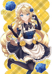 Rule 34 | 1girl, absurdres, alternate costume, apron, back bow, basket, black bow, black bowtie, black dress, black footwear, black gloves, blonde hair, blue flower, blue rose, boots, bow, bowtie, brooch, cookie, dress, drill hair, drill sidelocks, elbow gloves, floating clothes, flower, food, footwear bow, frilled apron, frilled dress, frills, genshin impact, gloves, gold trim, hair between eyes, hair flaps, hair flower, hair ornament, hands up, heart, highres, holding, holding basket, holding food, jewelry, long hair, looking at viewer, maid, maid apron, navia (genshin impact), outline, patterned background, rose, sandwich cookie, sidelocks, simple background, sleeveless, sleeveless dress, smile, standing, standing on one leg, thigh boots, tsuchinoko (vjde8458), very long hair, white bow, white outline, yellow background, yellow flower, yellow rose