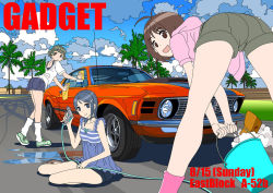 Rule 34 | 00s, 1boy, 2girls, :d, akizuki ryo, antenna hair, ass, back, bent over, blouse, blue eyes, blue hair, blue sky, blunt bangs, bow, brown eyes, brown hair, car, car wash, casual, choker, cloud, cloudy sky, day, flat chest, flat color, ford, ford mustang, ford mustang (1st generation), frills, from behind, from side, fuwa daisuke, grass, grey hair, hair ornament, hairclip, hidaka ai, holding, hood, hoodie, hose, idolmaster, idolmaster dearly stars, kneehighs, leaning forward, left-hand drive, legs, looking at viewer, looking back, loose socks, mizutani eri, motor vehicle, multiple girls, muscle car, on ground, open mouth, outdoors, palm tree, puddle, road, shadow, shirt, shoes, short hair, short shorts, short sleeves, shorts, sitting, sky, sleeveless, smile, sneakers, soap, socks, sponge, spread legs, standing, street, towel, trap, tree, vehicle, vehicle focus, washing, washing vehicle, water, yokozuwari