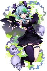 Rule 34 | 1girl, absurdres, aho, apricot the lich, apricot the lich (1st costume), blue hair, breasts, cleavage, cleavage cutout, clothing cutout, colored inner hair, demon girl, demon wings, fang, fangs, fishnets, green eyes, green hair, highres, horns, jewelry, lich, medium breasts, multicolored hair, multiple horns, pointy ears, ring, single thighhigh, skirt, skull, solo, thighhighs, tiara, virtual youtuber, vshojo, wings