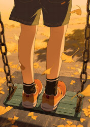 Rule 34 | 1boy, chain, child, commentary, commentary request, evening, from behind, ginkgo tree, kneepits, leaf, lower body, male focus, maple leaf, noeyebrow (mauve), original, outdoors, playground, red footwear, shorts, socks, solo, standing, swing, swing set