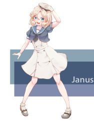 Rule 34 | 1girl, black neckwear, black shirt, blonde hair, blue eyes, blue sailor collar, character name, commentary request, dress, full body, gloves, hat, highres, holding, holding clothes, holding hat, janus (kancolle), kantai collection, looking at viewer, mary janes, multicolored background, open mouth, parted bangs, sailor collar, sailor dress, sailor hat, shirt, shoes, short hair, short sleeves, smile, socks, solo, standing, white background, white dress, white gloves, white hat, white socks, wss (nicoseiga19993411)