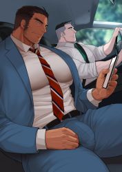 Rule 34 | 2boys, absol (dkqthf), bara, belt, black hair, bulge, car, car interior, cellphone, coat, collared coat, collared shirt, dark-skinned male, dark skin, driving, feet out of frame, highres, leather belt, male focus, manly, mature male, motor vehicle, multiple boys, muscular, muscular male, necktie, original, pants, pectorals, phone, shirt, short hair, spiked hair, spread legs, tight clothes, undercut